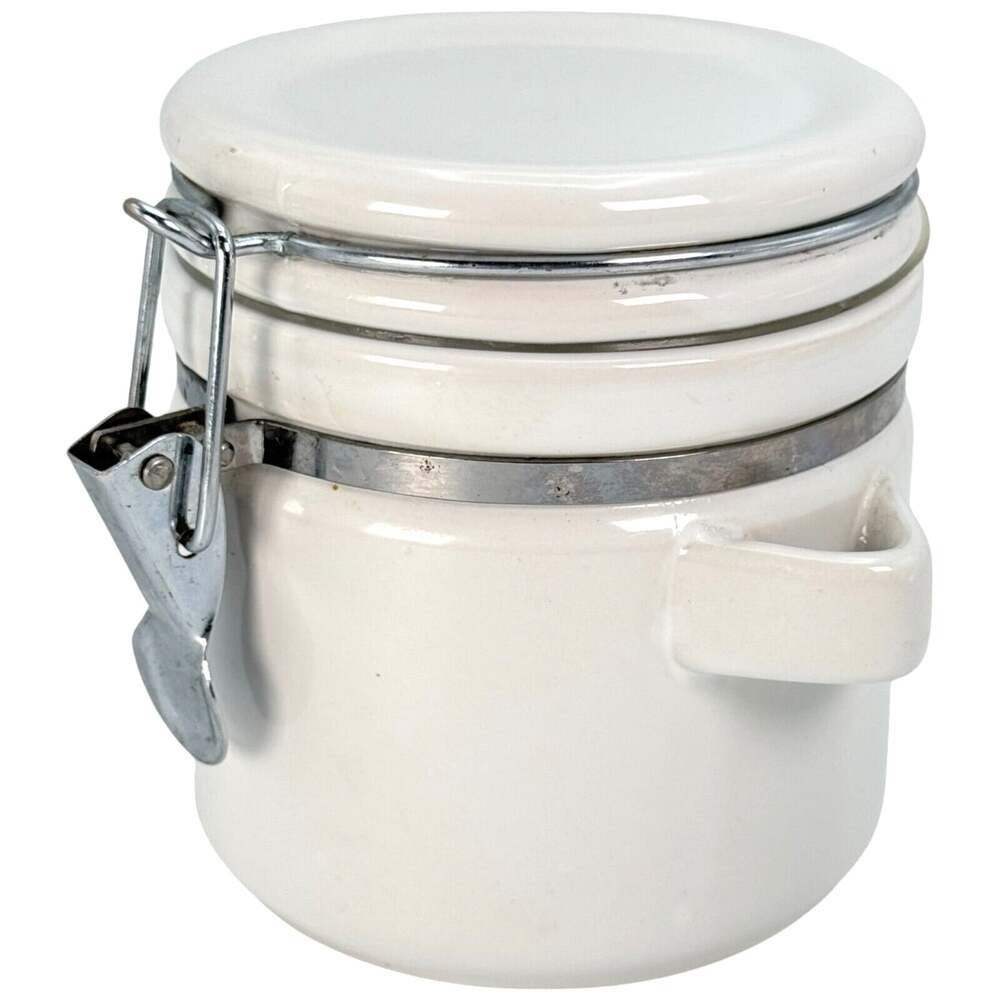 Canister Round Jar Wire Bail Lid & Gasket Snap Clasp Lid White 5" Spoon Holder
